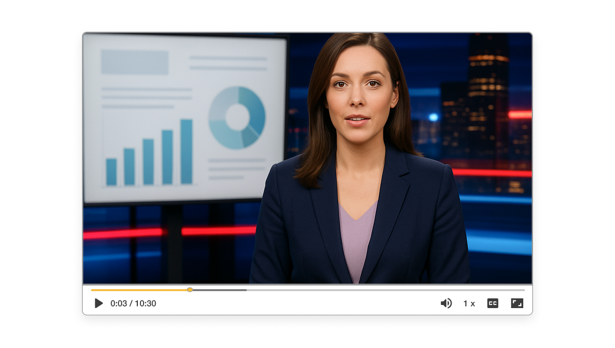 AI-generated news anchor presenting PowerPoint slides as a video news report using Visla's PPT to news video tool
